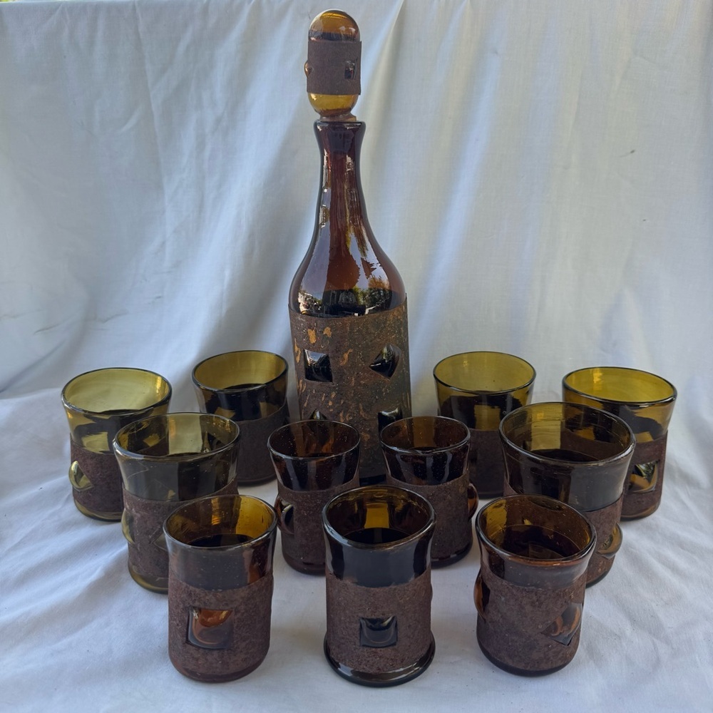 VINTAGE BRUTALIST FELIPE DERFLINGHER IMPRISONED GLASS DECANTER & GLASSES 12PCSET